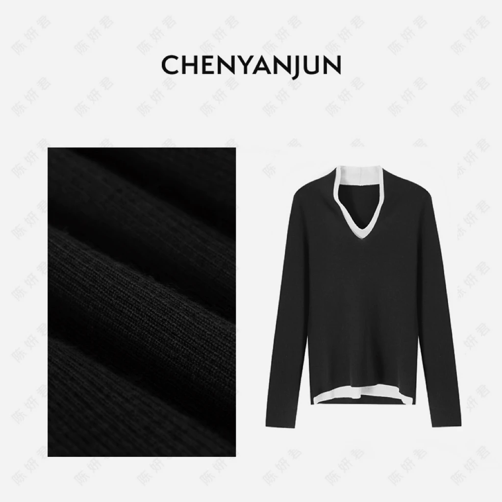 陈妍君【叠影】美利奴羊毛假两件双V羊毛衫CHENYANJUN JJ219-2045