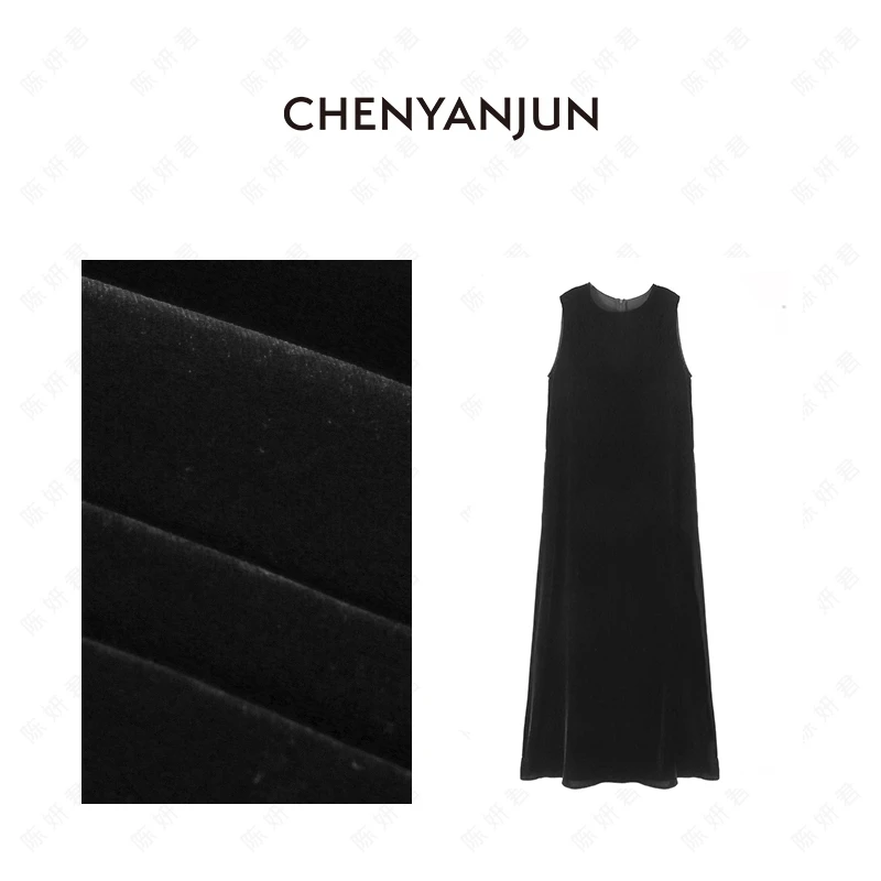 陈妍君【丝绒复古轻奢圆领宽肩无袖连衣裙】CYJ01-WWO205-WJ365