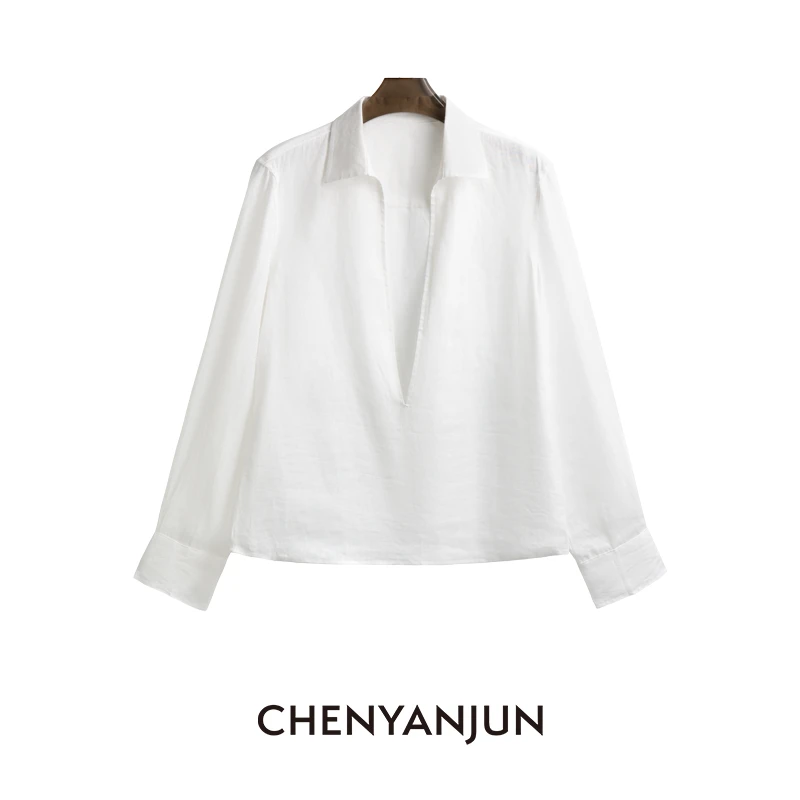 陈妍君【老钱风】CHENYANJUN深V领亚麻宽松长袖衬衫CYJ-YJ153-5023