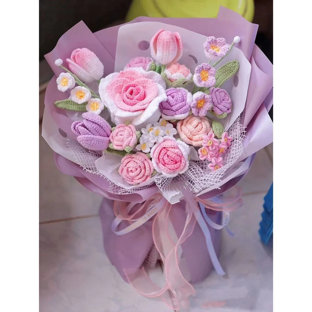 手工DIY编织玫瑰向日葵混搭花束材料包毛线钩织成品花送女友礼物