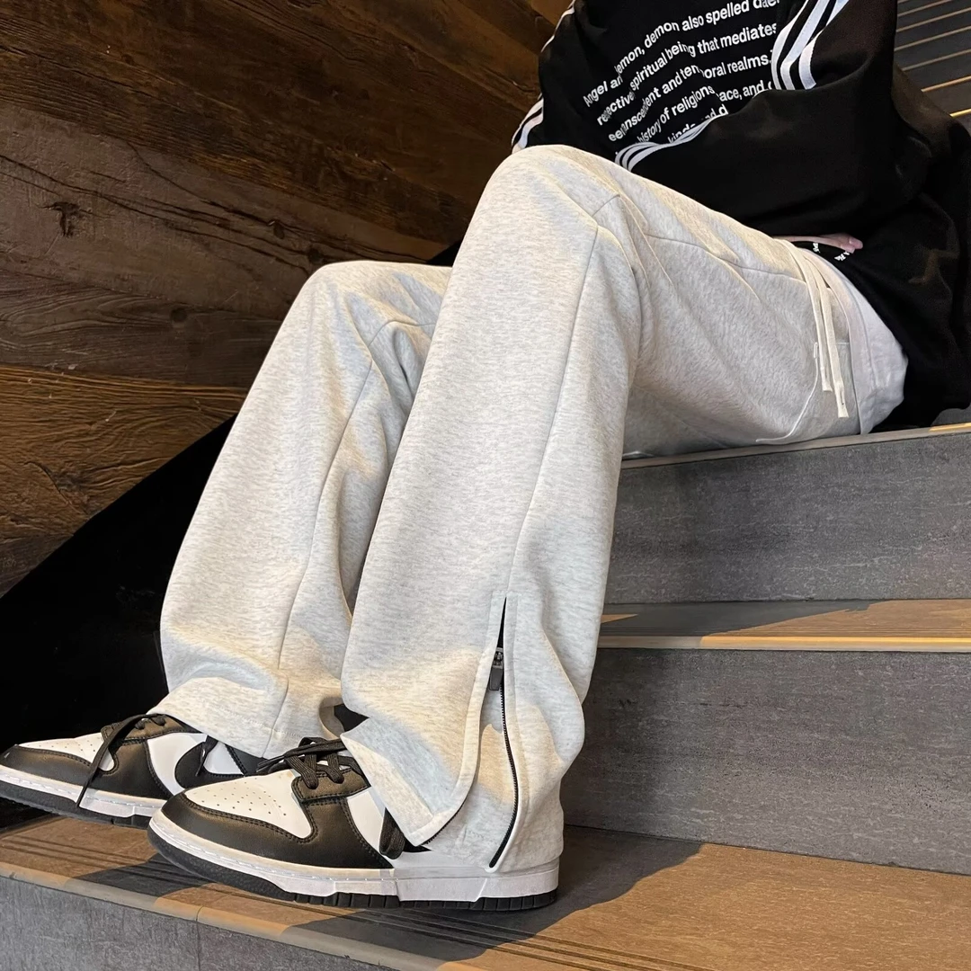 美式vibe休闲直筒裤脚拉链开叉宽松重磅秋冬浅灰色卫裤百搭高级感