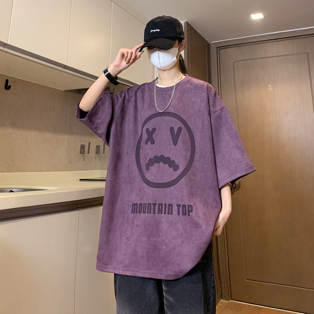 麂皮绒简约创意烧花T恤男ins潮流美式复古潮牌短袖宽松百搭五分袖