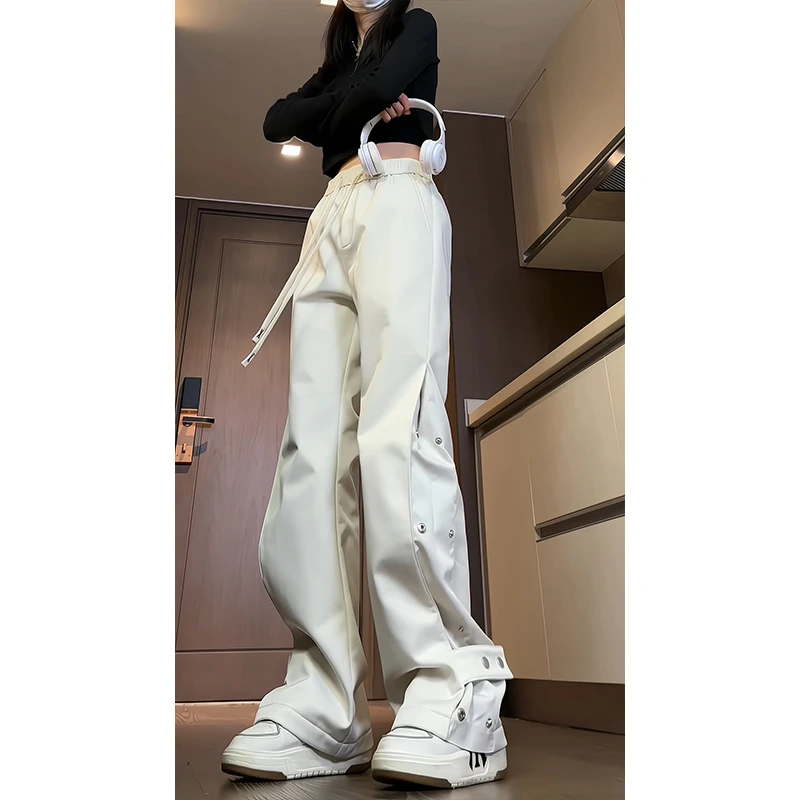 米白色户外防水vintage美式工装冲锋裤高街潮牌ins排扣休闲阔腿裤