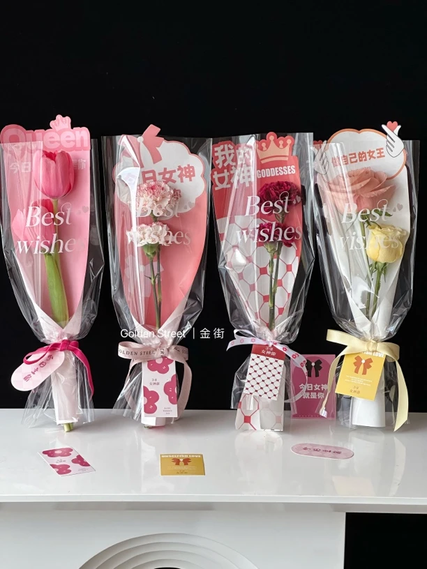新款3.8女神节防水透明单支袋花店花艺单枝康乃馨单支花束鲜花包