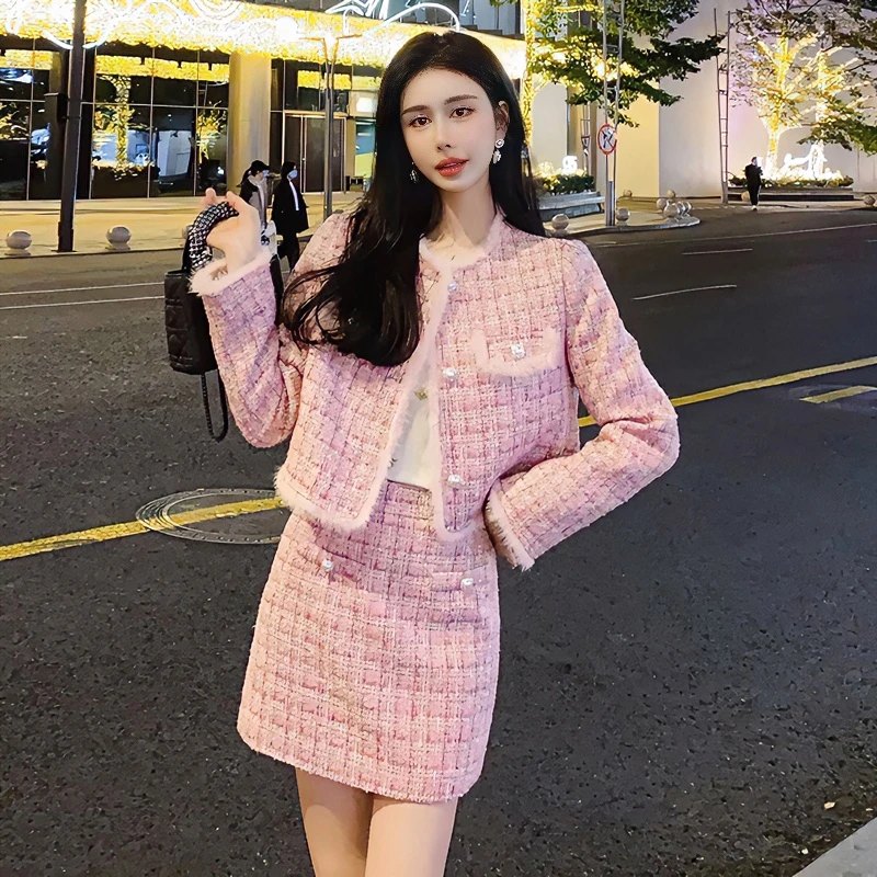 法式高级感小香风时尚套装女秋冬新款加厚短外套+半身裙两件套