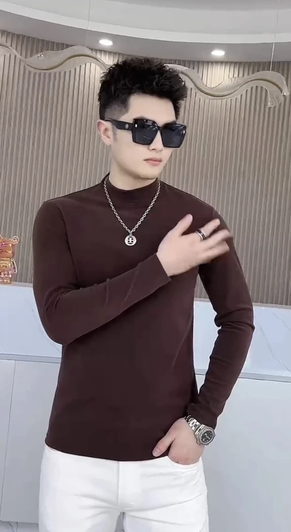 男士休闲长袖中厚保暖秋冬半高领修身加绒纯色中领打底衫