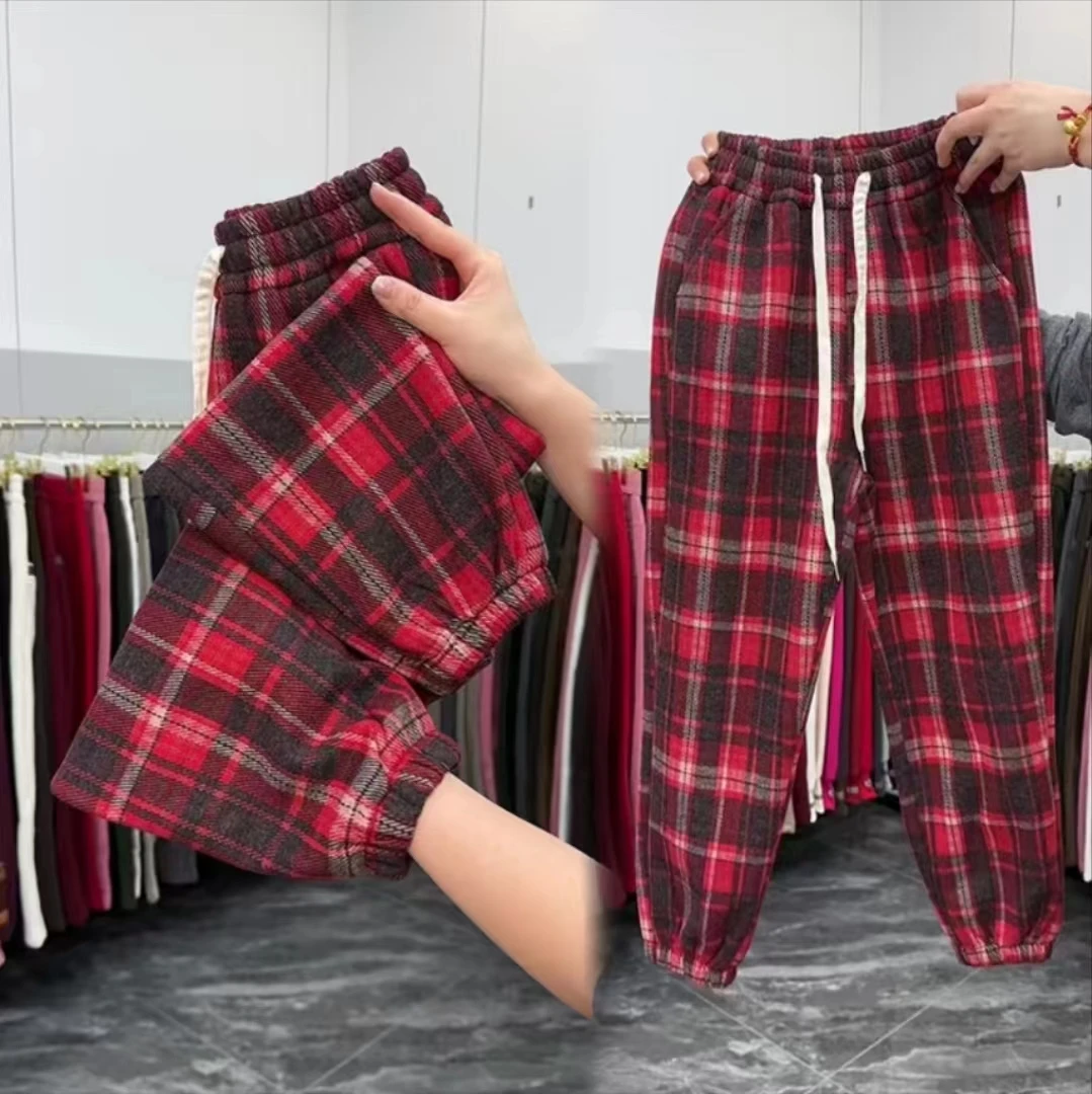 秋冬新款加厚格子休闲女裤2025版宽松显瘦束脚哈伦时尚加绒外穿
