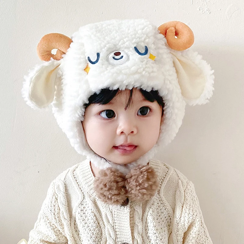 冬季新款男女宝宝儿童帽子2023婴儿毛绒护耳保暖加厚可爱小羊帽子
