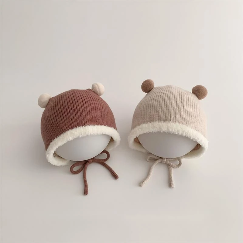婴儿帽子秋冬毛线帽韩国男女宝宝可爱毛球保暖冬季针织儿童护耳帽