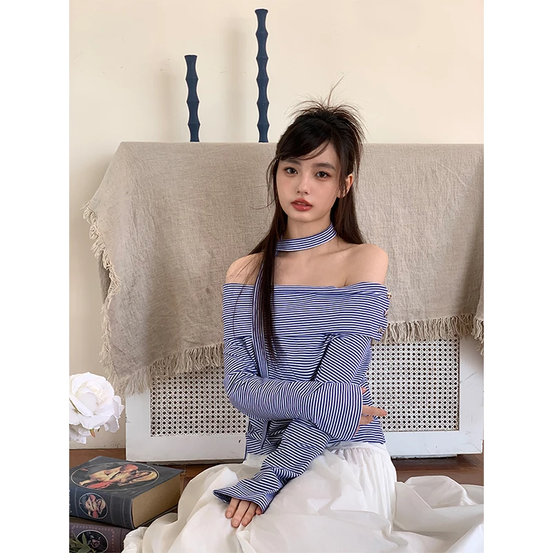 【清清】蓝色条纹设计感小众长袖T恤女秋季一字肩上衣女