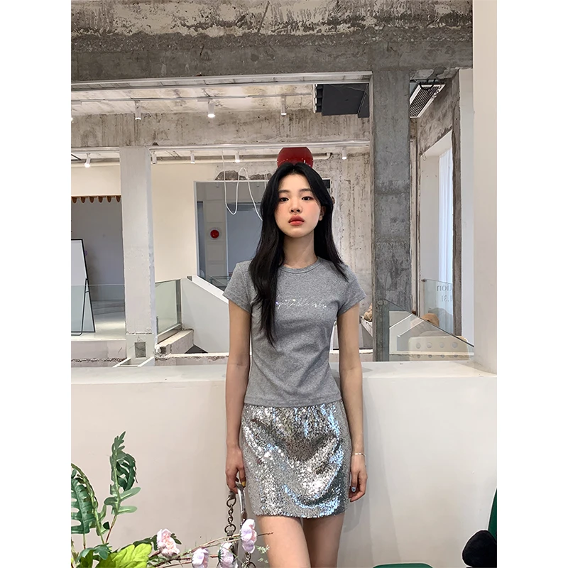 【清清】碎落星河 银色亮片半身裙女高腰百搭设计感闪片裙