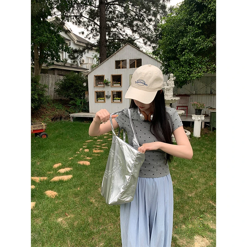 【清清】轻氧少女 复古波点正肩短袖T恤女修身显瘦短款上衣