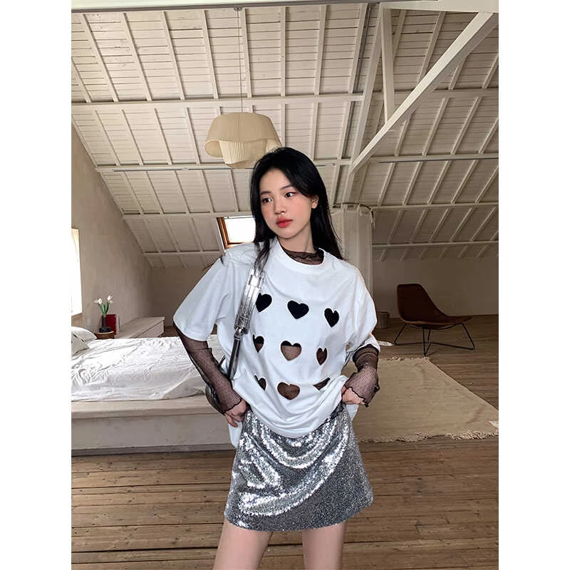 【清清】叠穿作弊器 透视网纱长袖打底衫女夏叠穿透气上衣