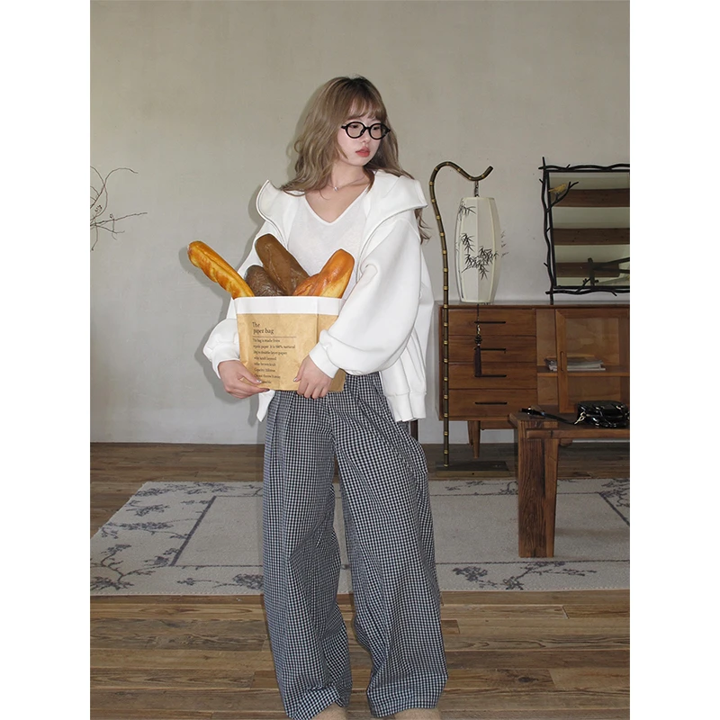 【清清】格子休闲裤女薄款宽松阔腿裤高腰直筒长裤拖地裤子