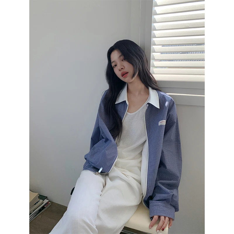 【清清】格纹百搭工装夹克女美式复古格子两面穿宽松外套