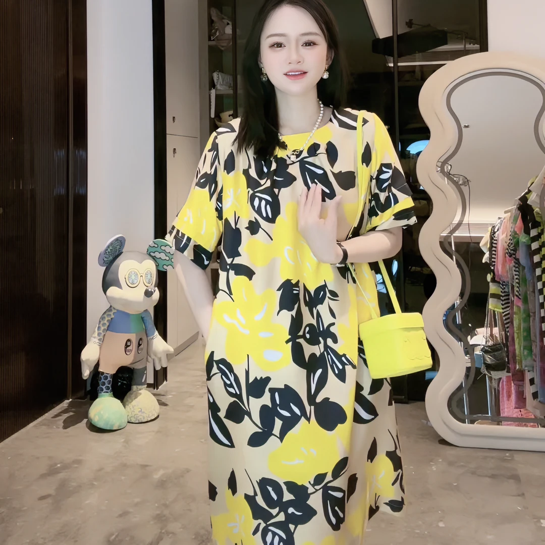 【深圳南油】（E369）新款高端印花气质百搭洋气减龄桑蚕丝连衣裙