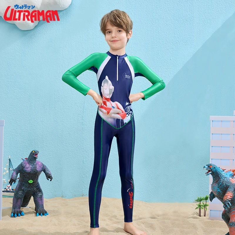 传统奥特曼长袖泳衣连体2024夏新款中大童男孩游泳衣专业游泳装备
