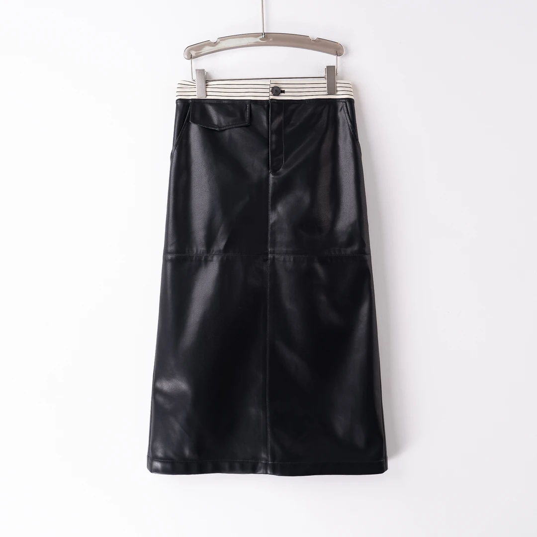 PQ241118秋冬新款大码女装蛋白皮休闲时尚半身裙开叉一步裙中长款