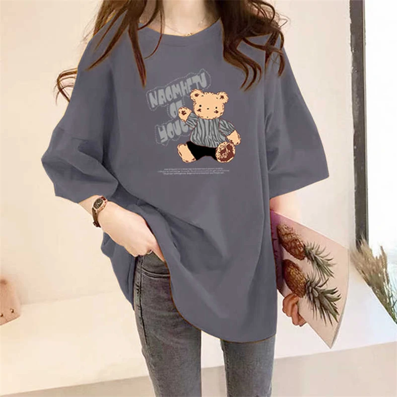 2023新款高端女装短袖t恤女夏季宽松中长款字母印花纯棉圆领时尚