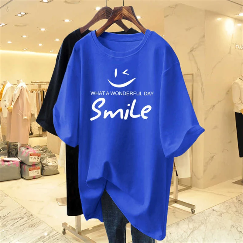 纯棉2023夏季新款宽松中长款短袖t恤女卡通字母印花圆领上衣显瘦