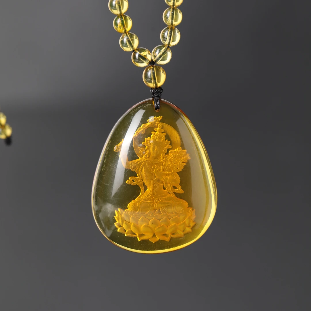 天然蓝珀琥珀八大守护神文殊项链阴雕616071328-1