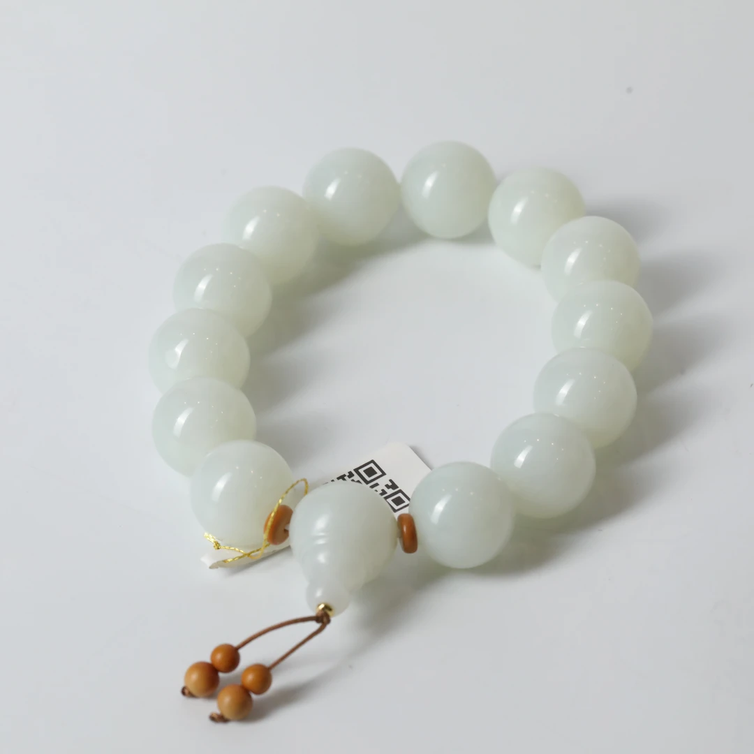 【竞拍】和田玉白玉细料圆珠手串-带福禄三通款 E2647