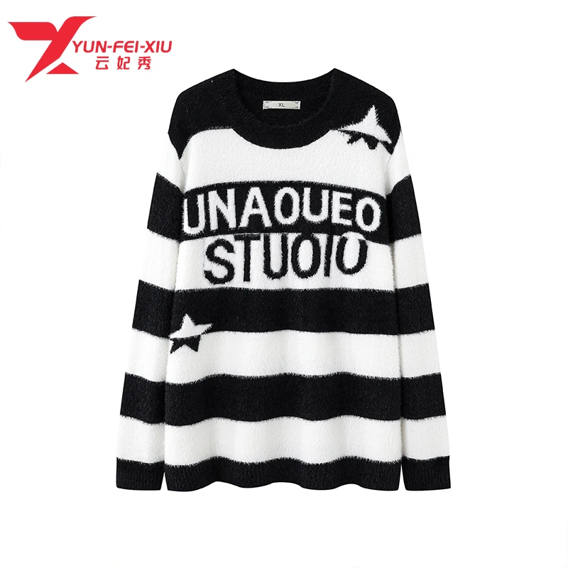云妃秀大码女装针织衫时尚休闲胖mm条纹字母宽松显瘦毛衣92339