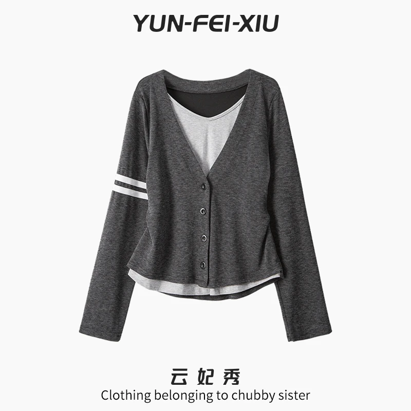 云妃秀大码女装T恤时尚休闲宽松显瘦假两件上衣气质百搭春季63573
