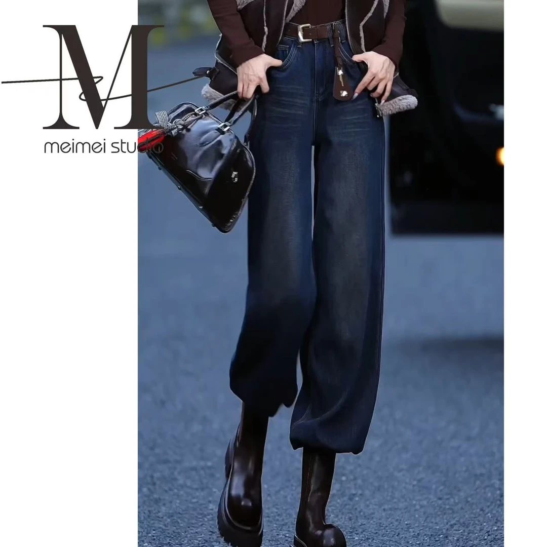 新款百搭宽松设计师满印高端直筒冬季加绒牛仔裤 548-31161633