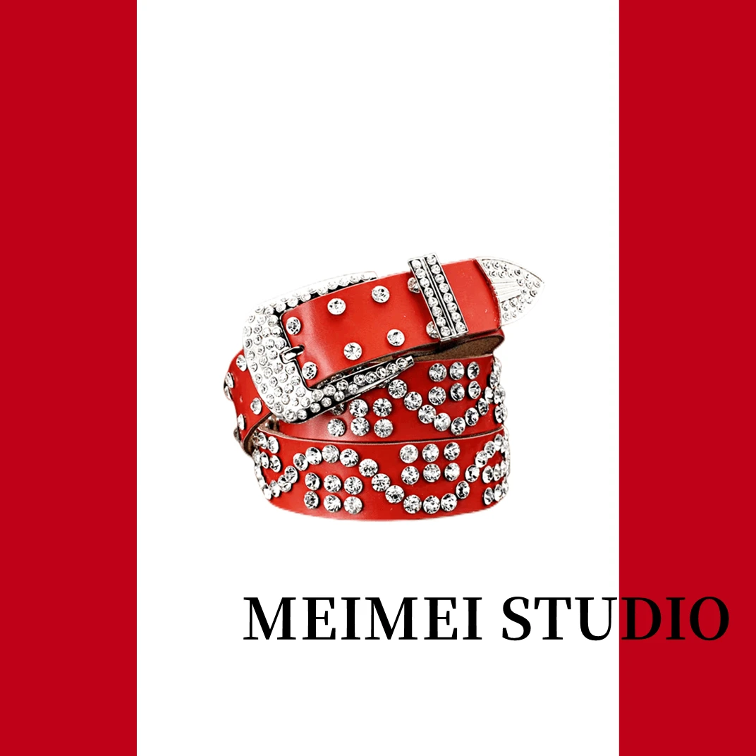 【MEIMEI STUDIO】 欧货新款时尚重工钉钻红色钉宽腰带354-100004