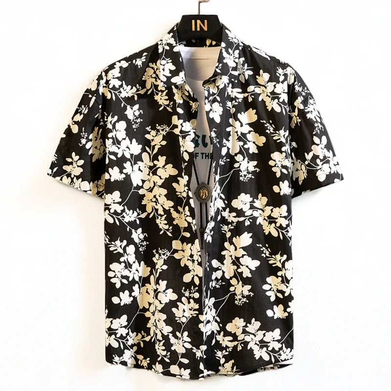 夏威夷花ins男跨境港风新款男夏季薄款复古男士男款衬衫夏季薄款