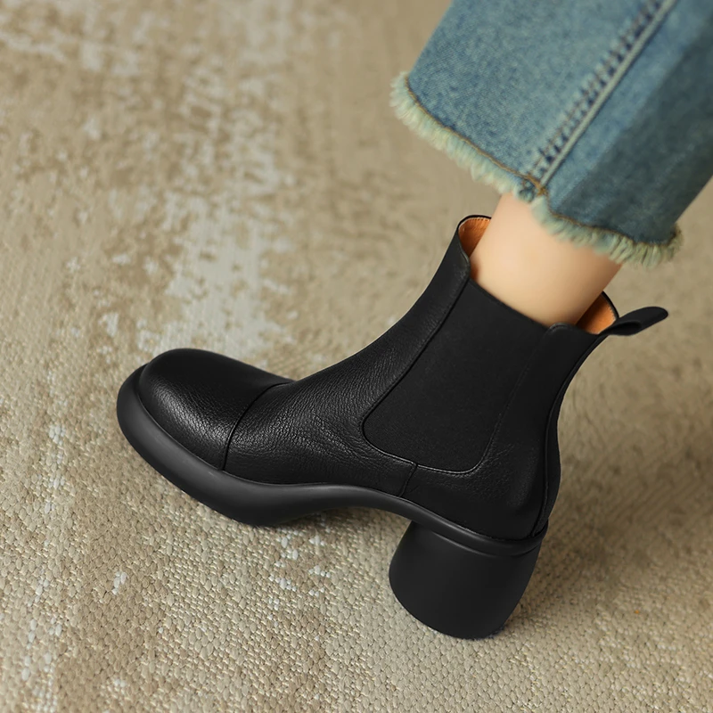 7cm粗跟高跟短靴百搭拼色时尚复古圆头中跟秋冬切尔西靴英伦风40