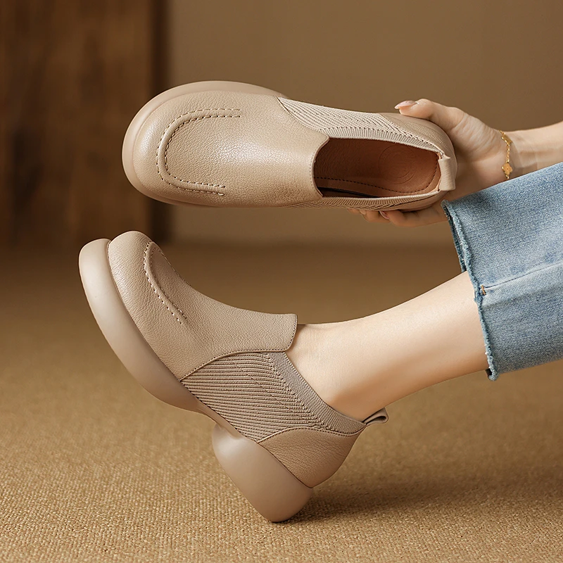 4cm时尚百搭厚底英伦风小皮鞋女圆头粗跟复古一脚蹬简约舒适单鞋