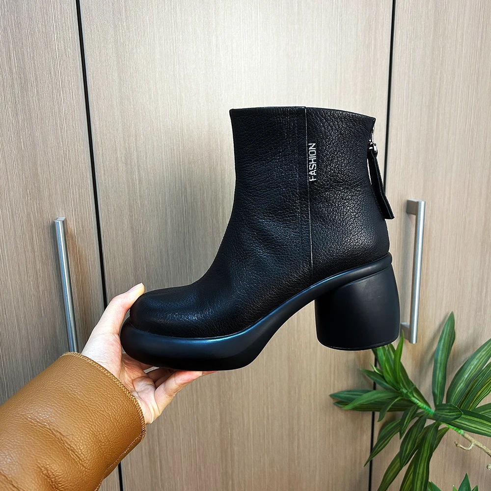 7cm粗跟高跟法式复古气质圆头切尔西靴百搭加绒短靴「保暖搭子」