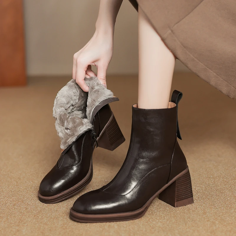 菓苒7.5cm粗跟高跟短靴女复古棕色百搭真皮加绒加绒冬季瘦瘦靴40