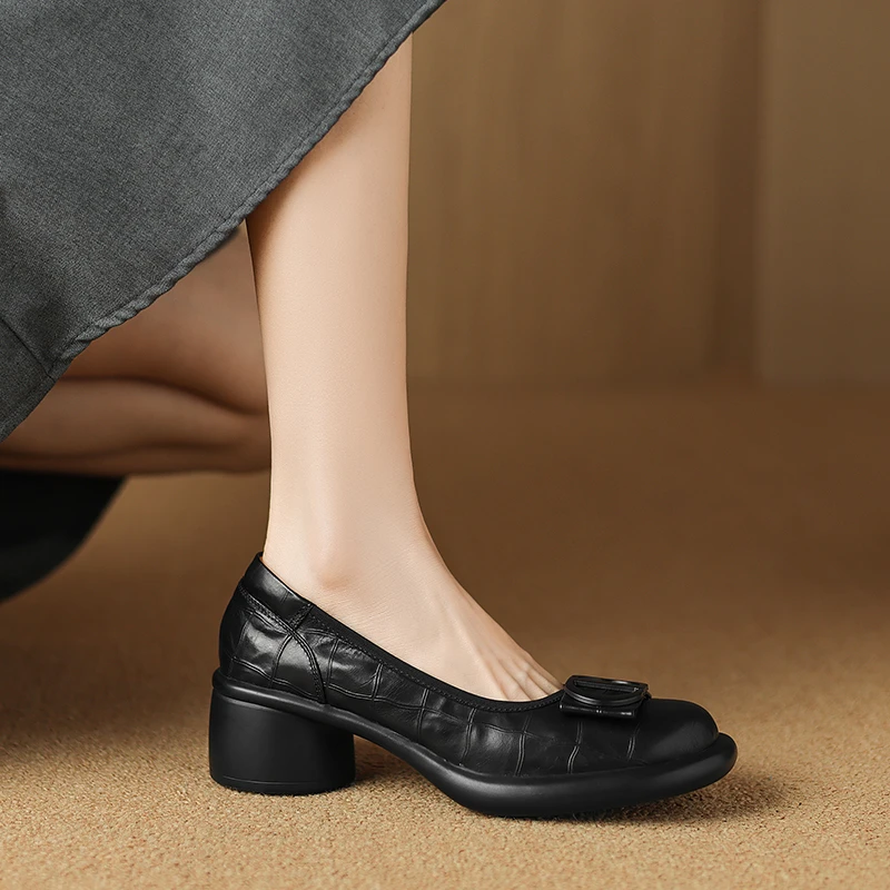 4.5cm百搭棕色粗跟圆头复古厚底中跟气质玛丽珍小皮鞋真皮女单鞋