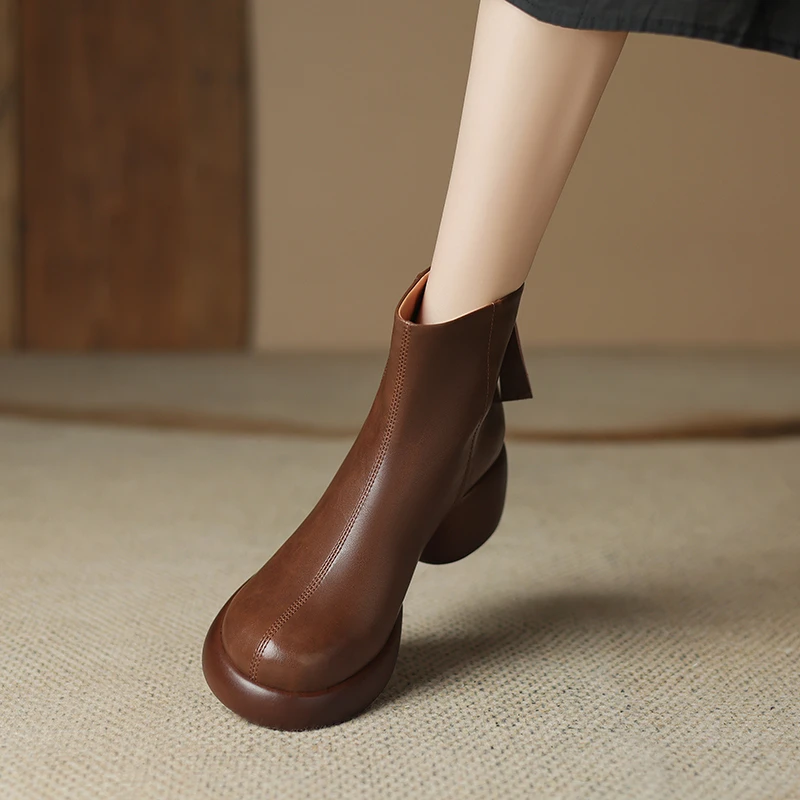 6.5cm粗跟厚底小个子真皮女短靴百搭棕色复古英伦风中跟马丁靴40