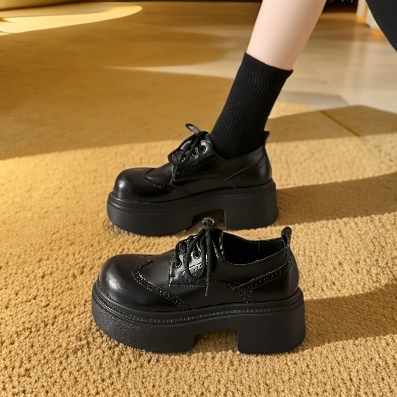 真皮厚底乐福鞋女秋冬2024新款小个子增高百搭英伦风布洛克小皮鞋