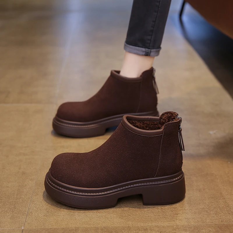 真皮美拉德短靴女款2024冬季新款百搭简约小个子粗跟加绒瘦瘦靴子