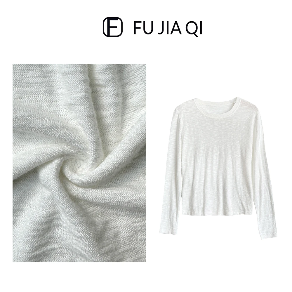 Fu佳琪《基础款》竹节棉混纺圆领肌理感纯色长袖打底衫！FS5355