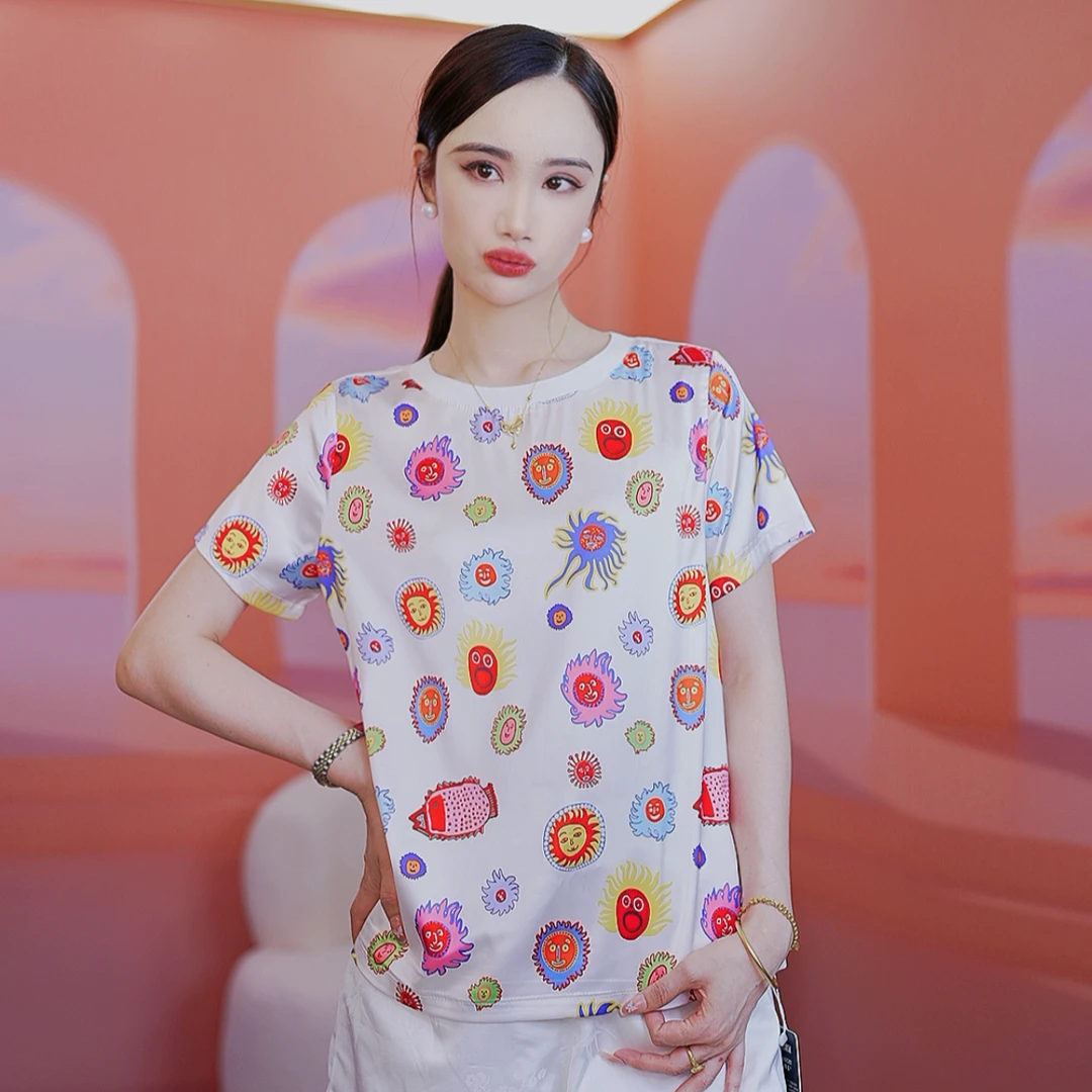 【清仓南油】‘’火热头像‘’桑蚕丝上衣 潮牌印花轻奢短袖T恤春夏新款
