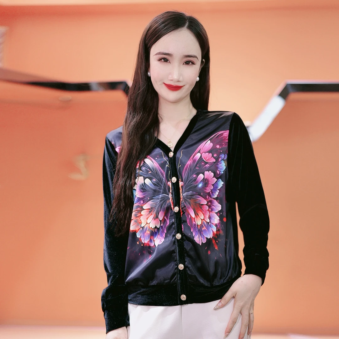 ’暗夜蝴蝶‘欧货轻奢桑蚕丝印花上衣真丝拼真丝绒长袖开衫外套女秋