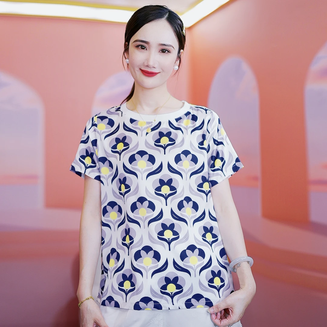 清仓‘’太阳花‘’桑蚕丝上衣 潮牌轻奢风显瘦夏日印花短袖休闲T恤女