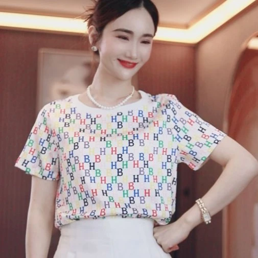 【外贸清仓】欧货BH字母桑蚕丝缎印花上衣 欧货时尚气质短袖T恤女