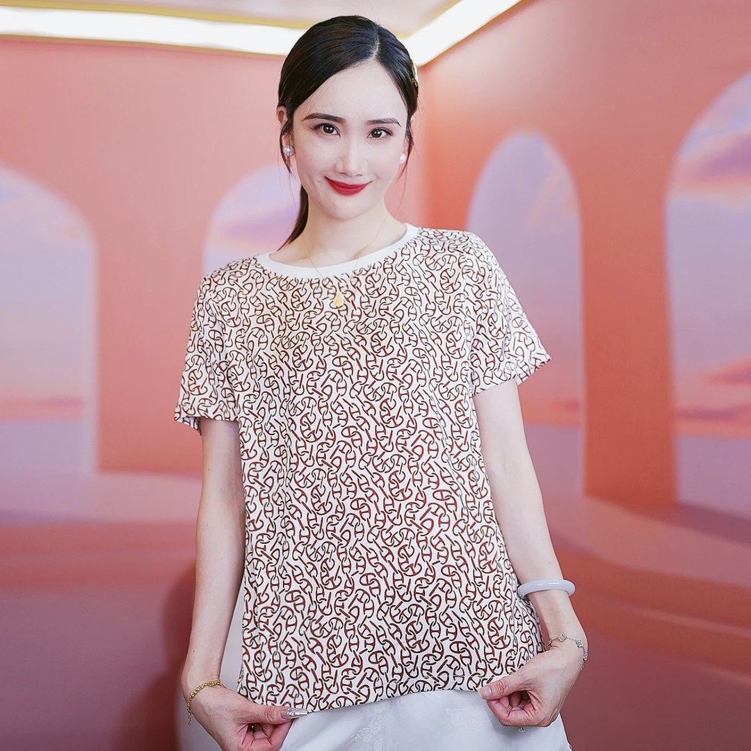 ‘’H锁链‘’雅丹风大地色桑蚕丝上衣 显瘦印花短袖休闲T恤早秋新款