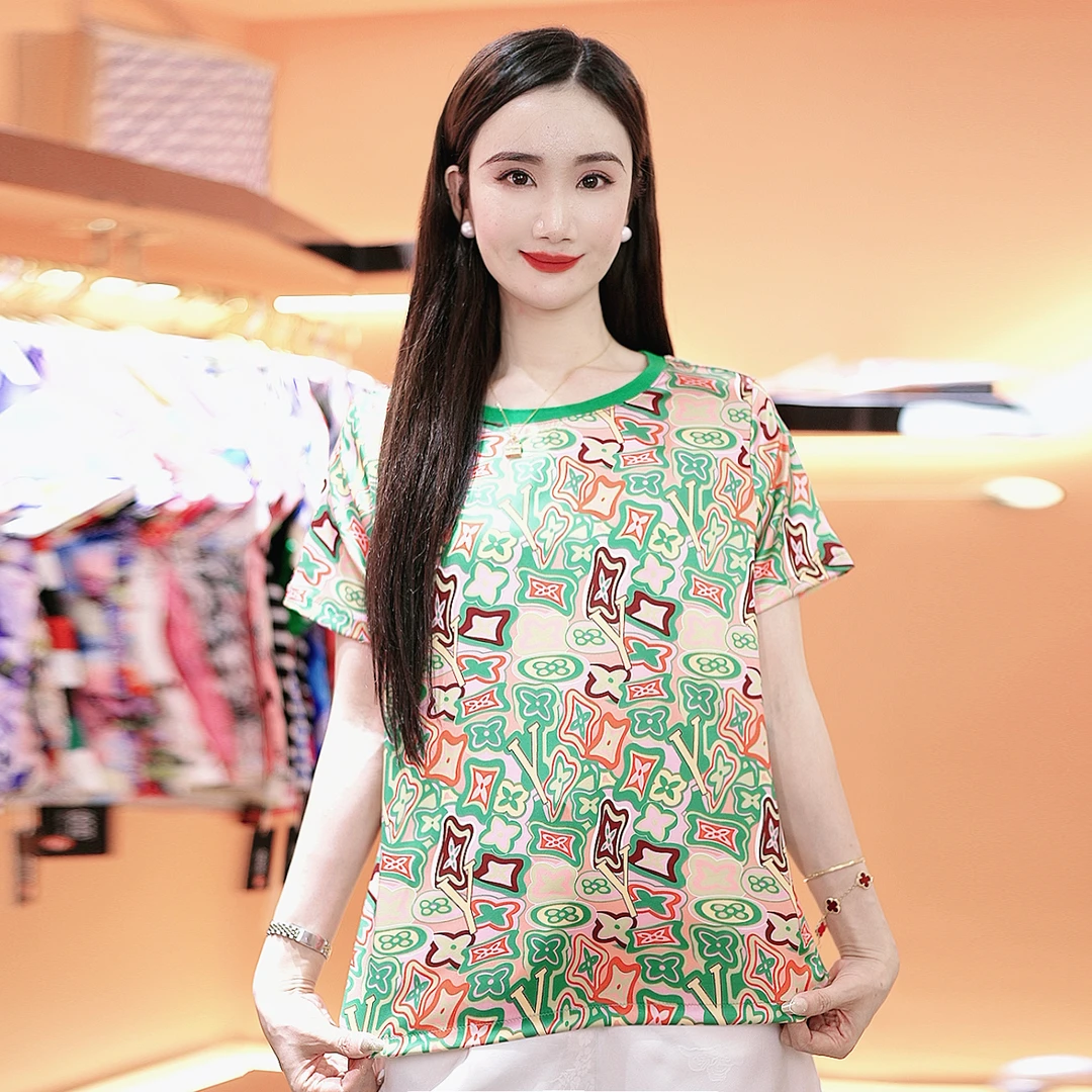 【中環专享品牌清-A】‘’橘色四叶草‘’桑蚕丝上衣 字母印花短袖T恤女