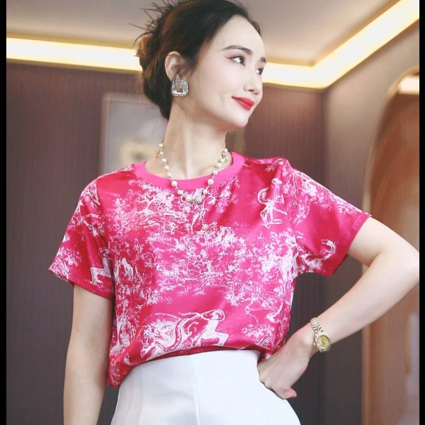 【真丝清仓】“火龙果乐园”桑蚕丝上衣印花短袖圆领T恤大码洋气时尚