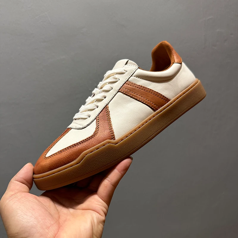 真皮小白鞋男2025春季新款复古时尚德训鞋系带拼色休闲鞋百搭男鞋