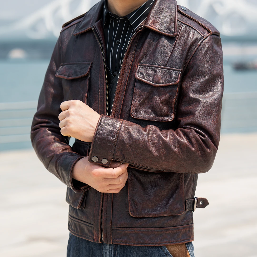 M65多口袋猎装头层牛皮水洗石磨复古做旧真皮皮衣男士皮夹克外套