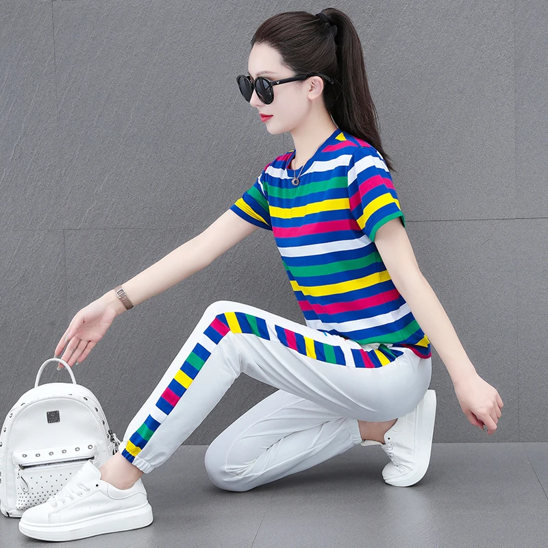 显瘦时尚运动休闲服女夏季条纹大码洋气纯棉薄款宽松跑步女士修身